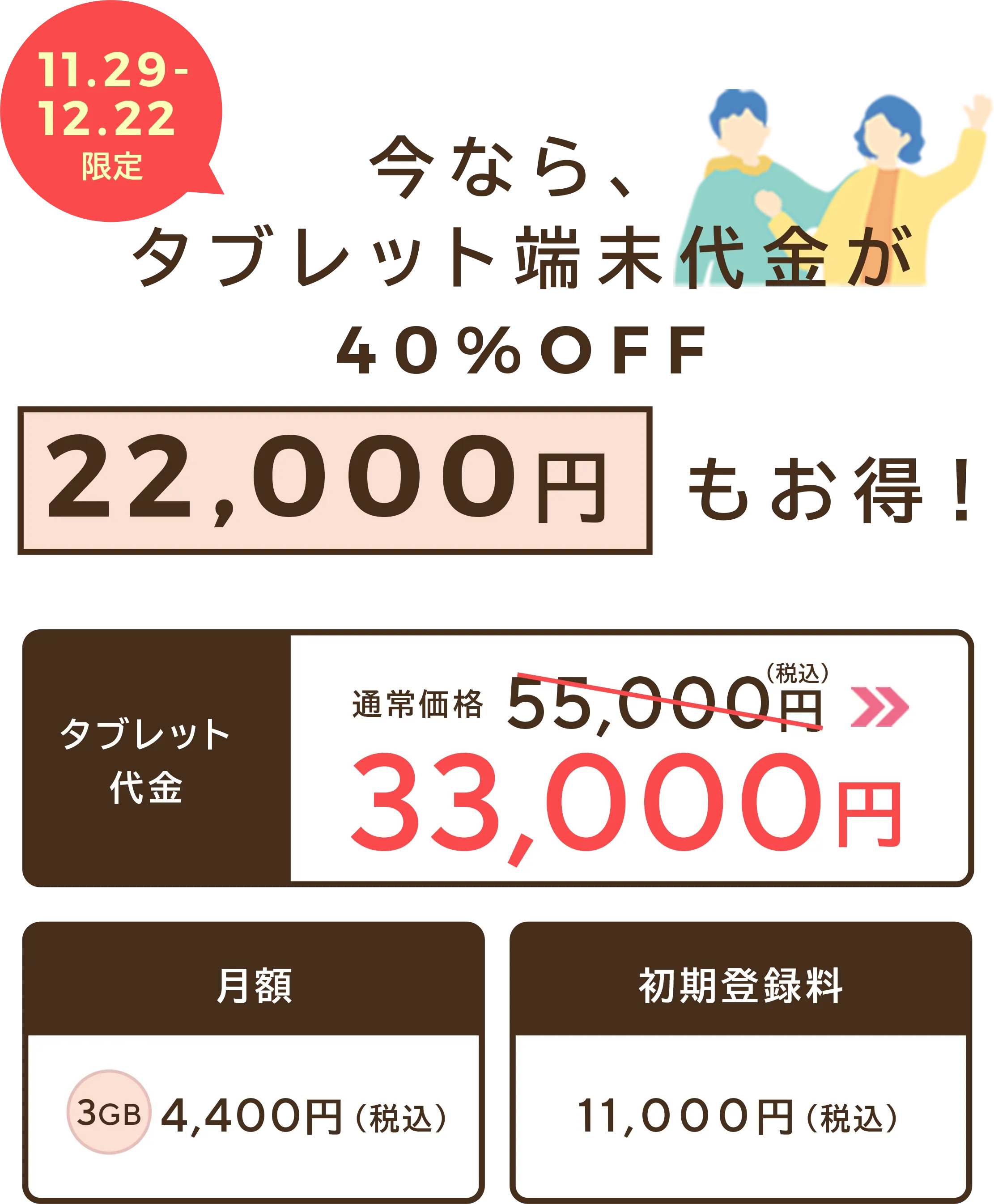 タブレット代金が40％OFF 22,000円もお得！通常価格55,000円が33,000円 月額4,400円 初期登録料11,000円