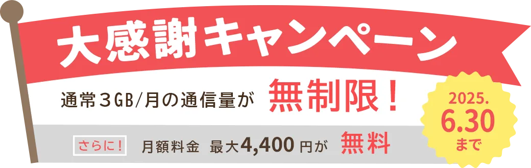 大感謝キャンペーン!通常3GB/月の通信量が無制限!さらに月額料金最大4,400円が無料!2025.6.30まで