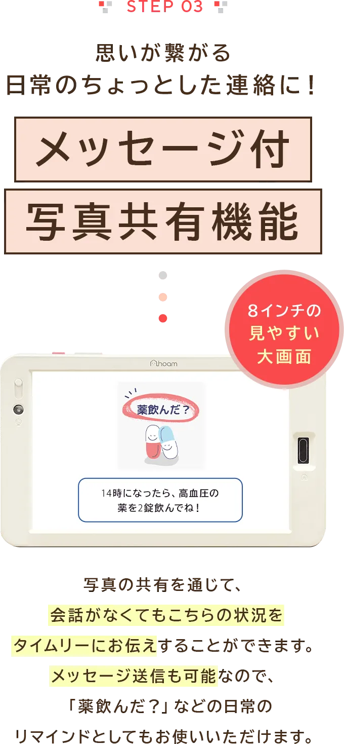 STEP03 思いが繋がる日常のちょっとした連絡に！メッセージ付写真共有機能