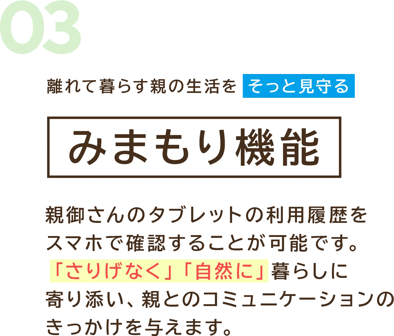 離れて暮らす親の生活をそっと見守る「みまもり機能」