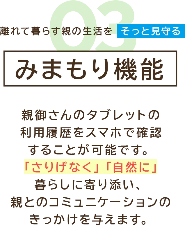 離れて暮らす親の生活をそっと見守る「みまもり機能」