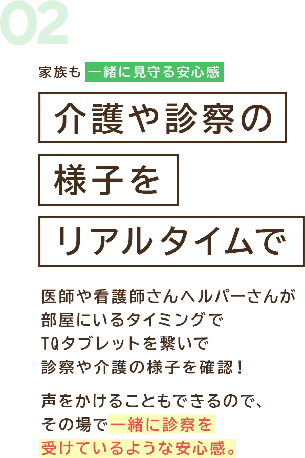 家族も一緒に見守る安心感　診察や介護の様子をリアルタイムで