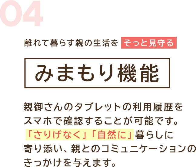 離れて暮らす親の生活をそっと見守る「みまもり機能」