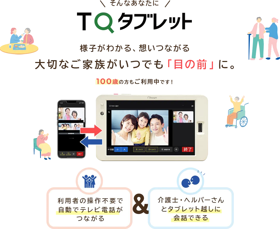 そんなあなたにTQタブレット 様子がわかる、想いつながる 大切なご家族がいつでも「目の前」に。