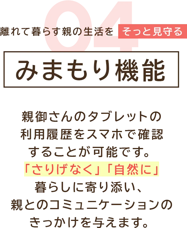 離れて暮らす親の生活をそっと見守る「みまもり機能」