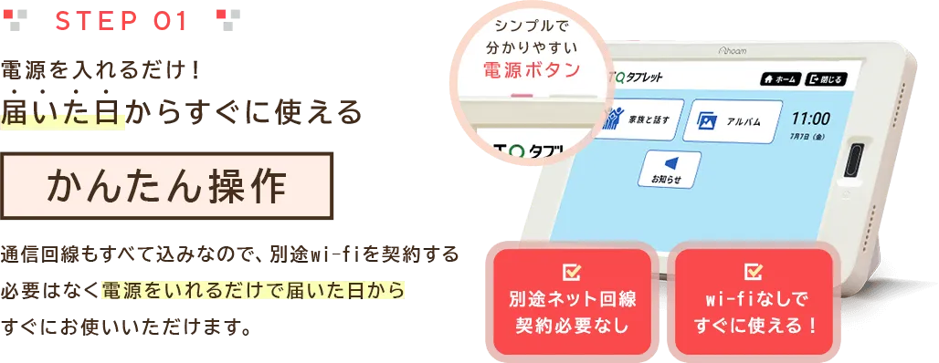 STEP01 電源を入れるだけ!届いた日からすぐに使えるかんたん操作