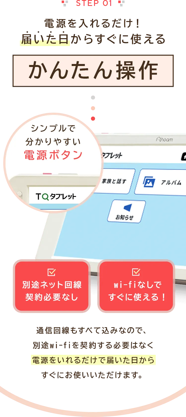 STEP01 電源を入れるだけ!届いた日からすぐに使えるかんたん操作
