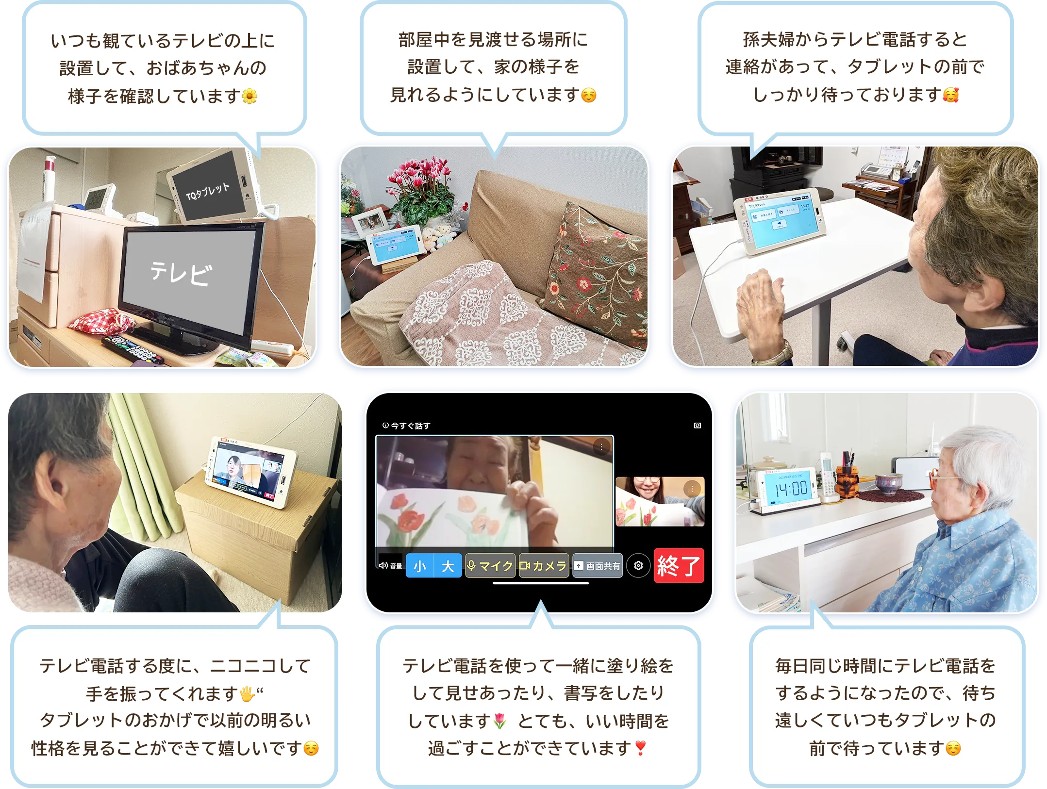 いつも観ているテレビの上に設置して、おばあちゃんの様子を確認しています。部屋中を見渡せる場所に設置して、家の様子を見れるようにしています。孫夫婦からテレビ電話すると連絡があって、タブレットの前でしっかり待っております。